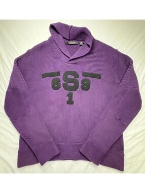 Sean John  Purple Shawl Sweater Mens 2XL Raise Collar Logo Elbow Patch